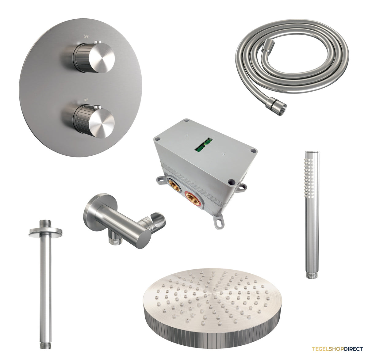 Brauer Stripe thermostatische inbouw regendouche 3-weg rond SET 39 met 25 cm douchekop en plafondarm en staaf handdouche en doucheslang en wandaansluitbocht RVS-kleurig geborsteld PVD – afbeelding 3