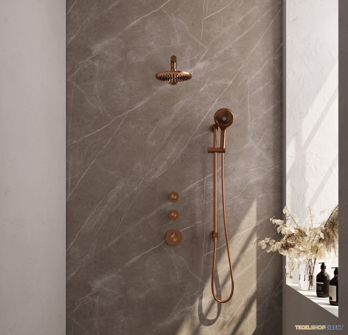 Thermostatisch Inbouwdoucheset Brauer Copper 20cm Hoofddouche Wandarm 3 Standen Handdouche op Glijstang Koper