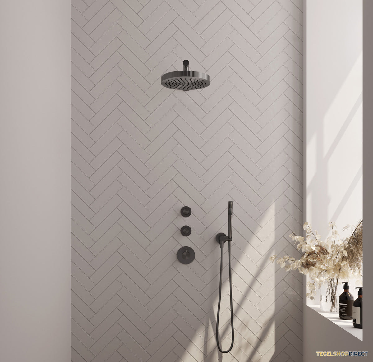 Brauer Stripe thermostatische inbouw regendouche SET 01 met 25 cm douchekop en rechte muurarm en staaf handdouche en doucheslang en wandaansluitbocht gunmetal geborsteld PVD