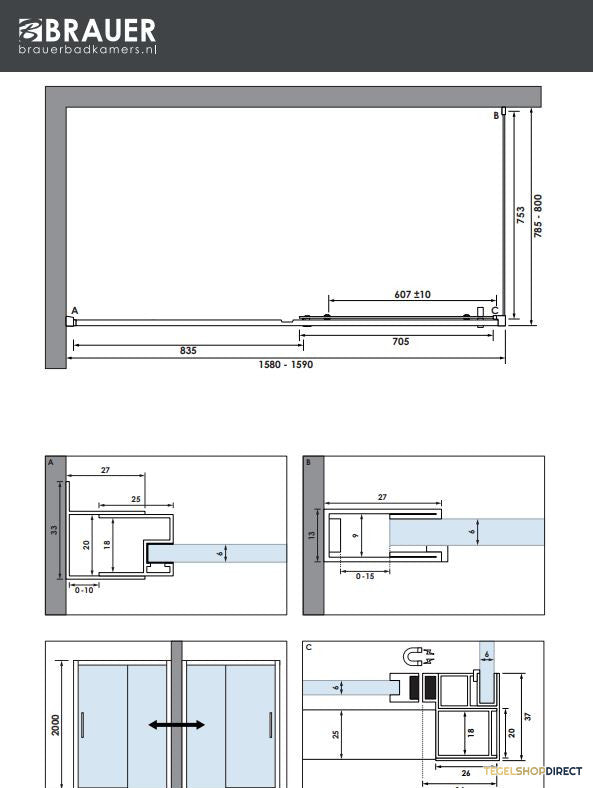 BRAUER Season douchecabine model B met schuifdeur helder glas 160x80x200 omkeerbaar incl. glascoating Season-Koper – afbeelding 4