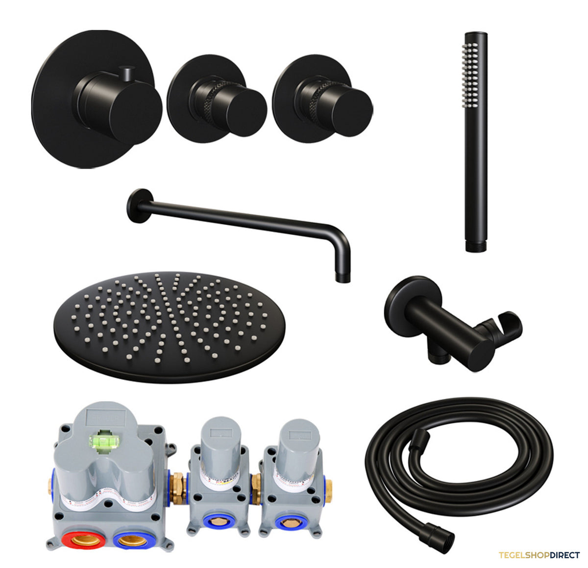 Inbouw Regendouche Set Brauer Black Edition Gebogen Wanduitloop Ronde Hoofddouche 30 cm Met Twee Stopkranen Mat Zwart – afbeelding 2