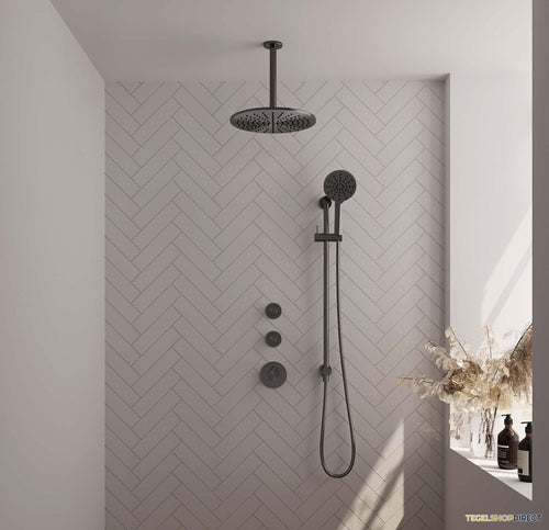 Regendoucheset Inbouw Brauer Gunmetal Carving Thermostatisch 30cm met Plafondarm, Glijstang en Handdouche 3-Standen Geborsteld Gunmetal