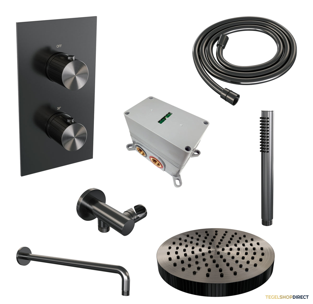 Brauer Stripe thermostatische inbouw regendouche 3-weg rechthoekig SET 14 met 25 cm douchekop en gebogen muurarm en staaf handdouche en doucheslang en wandaansluitbocht gunmetal geborsteld PVD – afbeelding 3