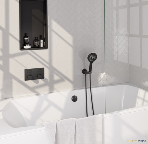 Brauer Stripe thermostatische inbouw badkraan met drukknoppen SET 04 met badvulcombinatie en 3-standen handdouche en doucheslang en wandaansluitbocht mat zwart