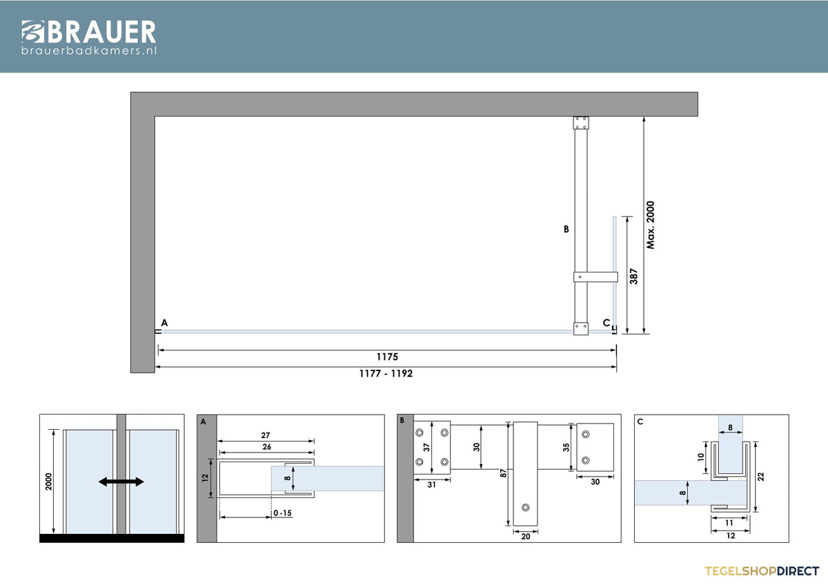 BRAUER Oblivion inloopdouche helder glas 120x200 met zijwand 40 incl. glascoating PVD koper geborsteld – afbeelding 5
