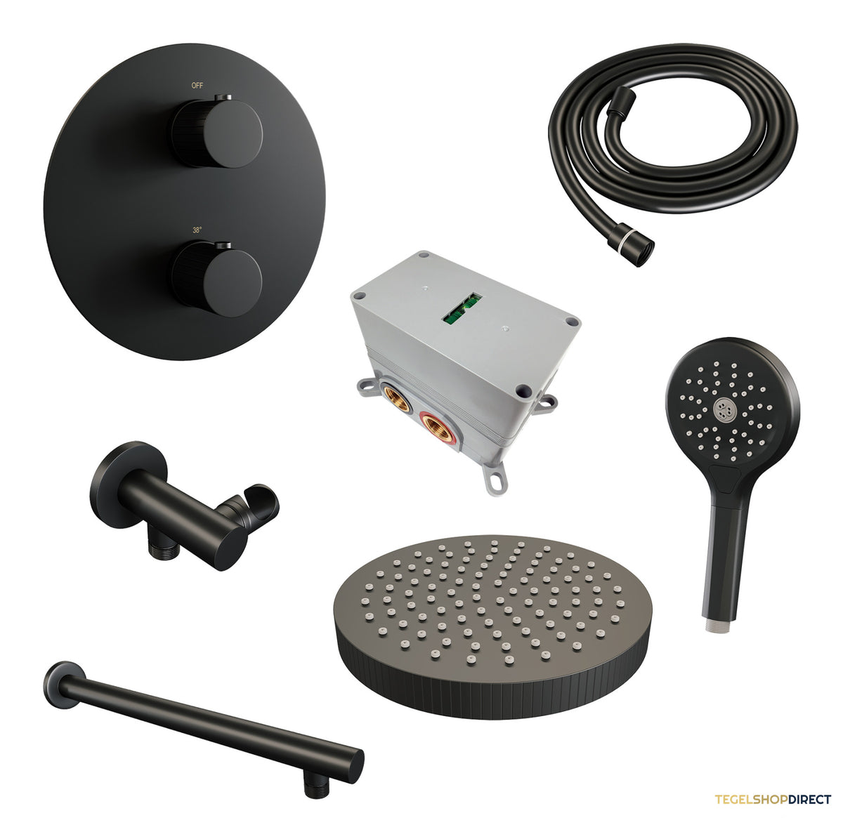 Brauer Stripe thermostatische inbouw regendouche 3-weg rond SET 40 met 25 cm douchekop en rechte muurarm en 3-standen handdouche en doucheslang en wandaansluitbocht mat zwart – afbeelding 3