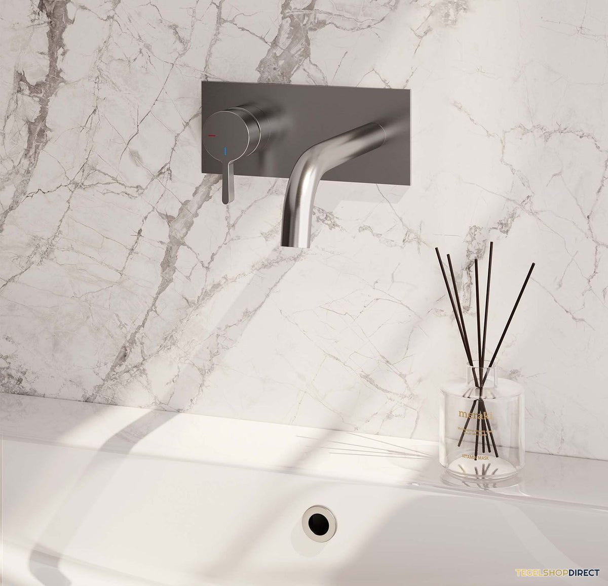 Inbouw Wastafelmengkraan Brauer Brushed Edition Coldstart Gebogen Uitloop Halfronde Hendel Links Geborsteld RVS PVD Met Afdekplaat – afbeelding 2