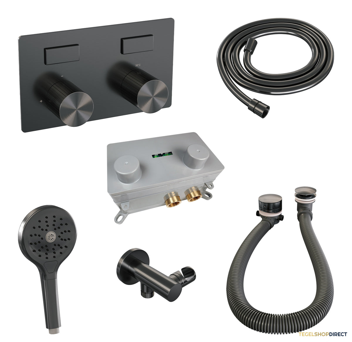 Brauer Stripe thermostatische inbouw badkraan met drukknoppen SET 04 met badvulcombinatie en 3-standen handdouche en doucheslang en wandaansluitbocht gunmetal geborsteld PVD – afbeelding 2