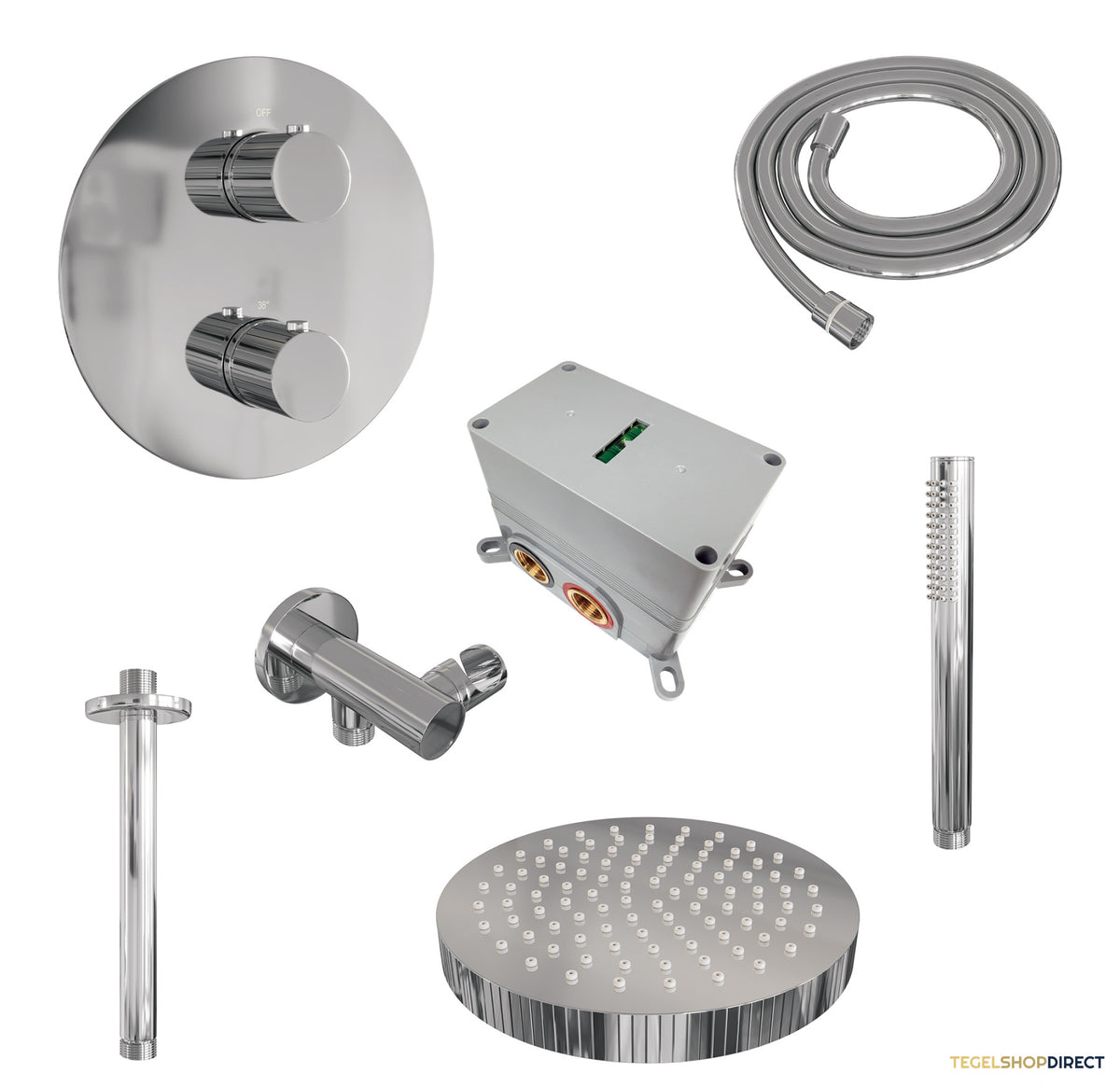 Brauer Stripe thermostatische inbouw regendouche 3-weg rond SET 39 met 25 cm douchekop en plafondarm en staaf handdouche en doucheslang en wandaansluitbocht chroom – afbeelding 3