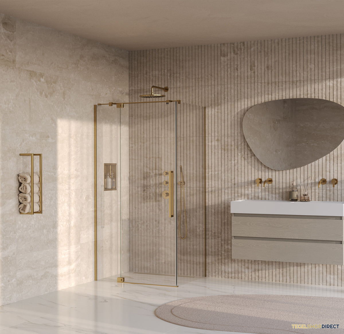 BRAUER Stellar douchecabine met draaideur helder glas 100x100x200 omkeerbaar incl. glascoating PVD goud geborsteld – afbeelding 2
