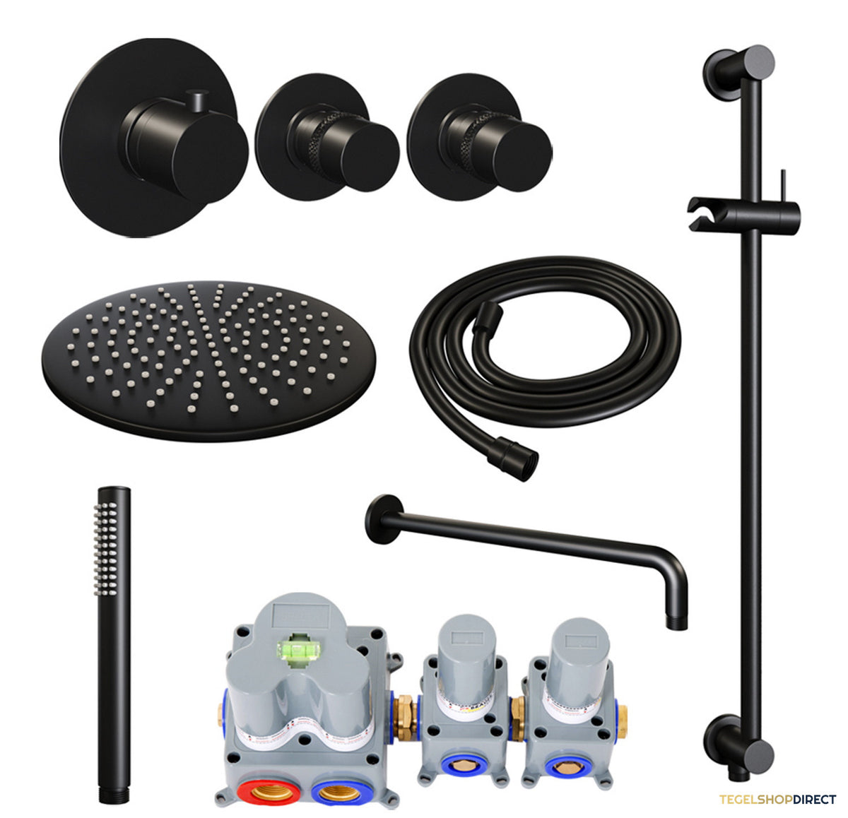Inbouw Regendouche Set Brauer Black Edition Gebogen Wanduitloop Ronde Hoofddouche 30 cm Met Twee Stopkranen en Glijstang Mat Zwart – afbeelding 2