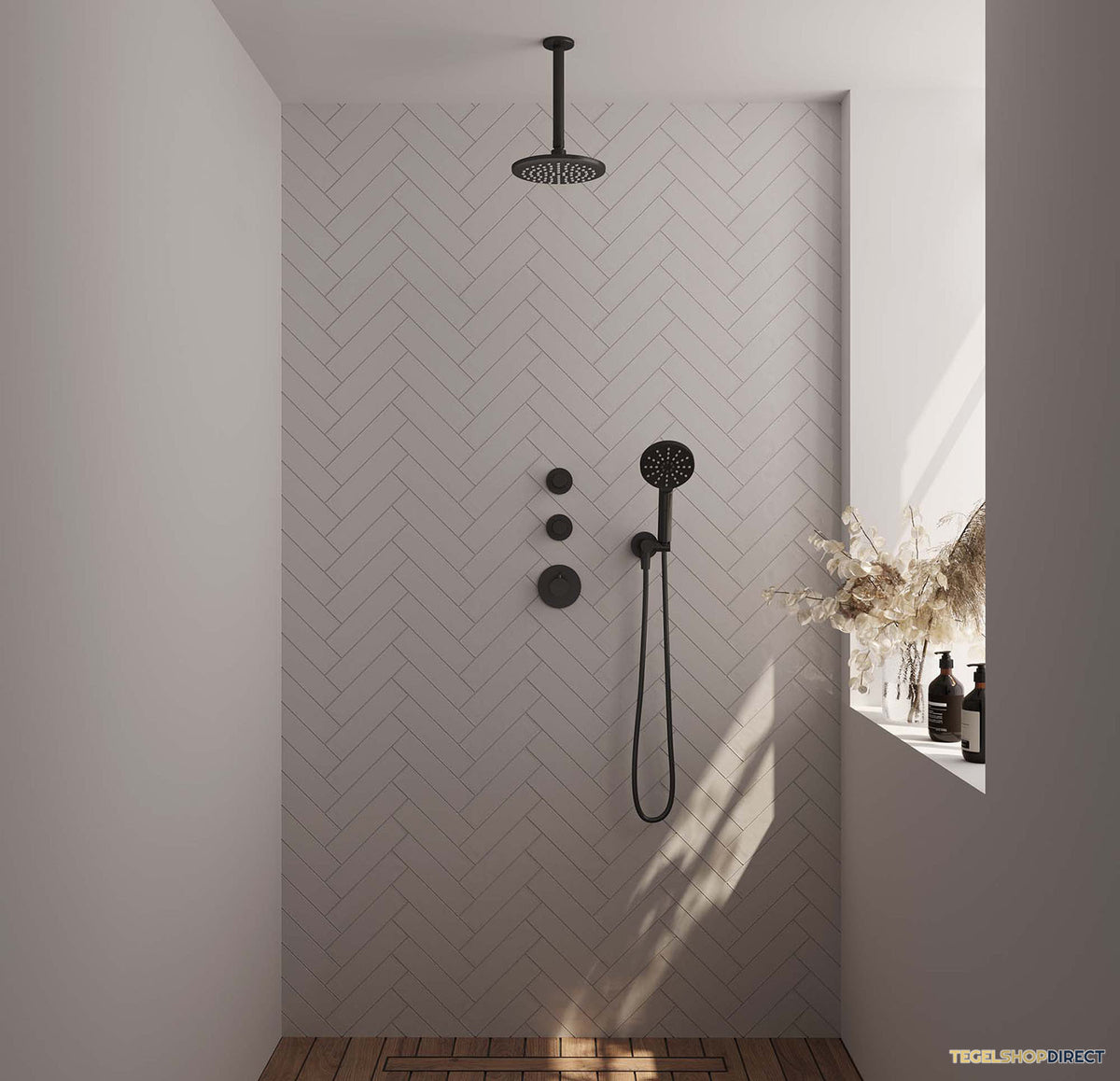 Regendoucheset Inbouw Brauer Black Carving Thermostatisch 20cm met Plafondarm en Handdouche 3-Standen Losse Stopkranen Mat Zwart – afbeelding 2