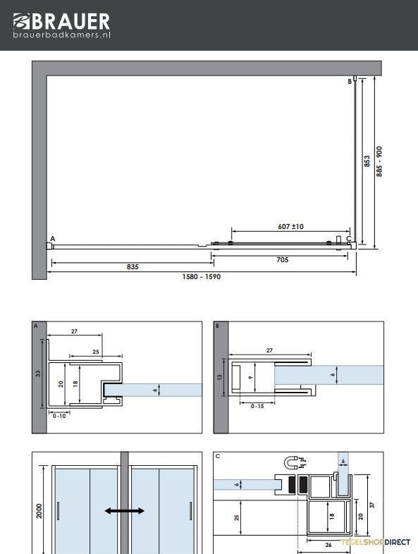 BRAUER Season douchecabine model B met schuifdeur helder glas 160x90x200 omkeerbaar incl. glascoating Season-RVS-kleurig – afbeelding 4