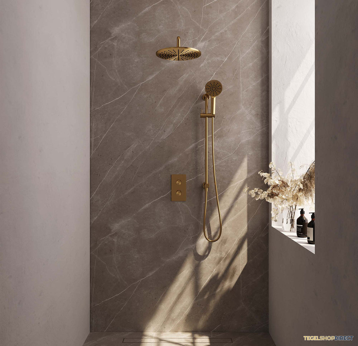 Regendoucheset Inbouw Brauer Gold Carving Thermostatisch 30cm 3-Weg Omstelling Gebogen Wandarm Glijstang en 3-Standen Handdouche Geborsteld Goud – afbeelding 2