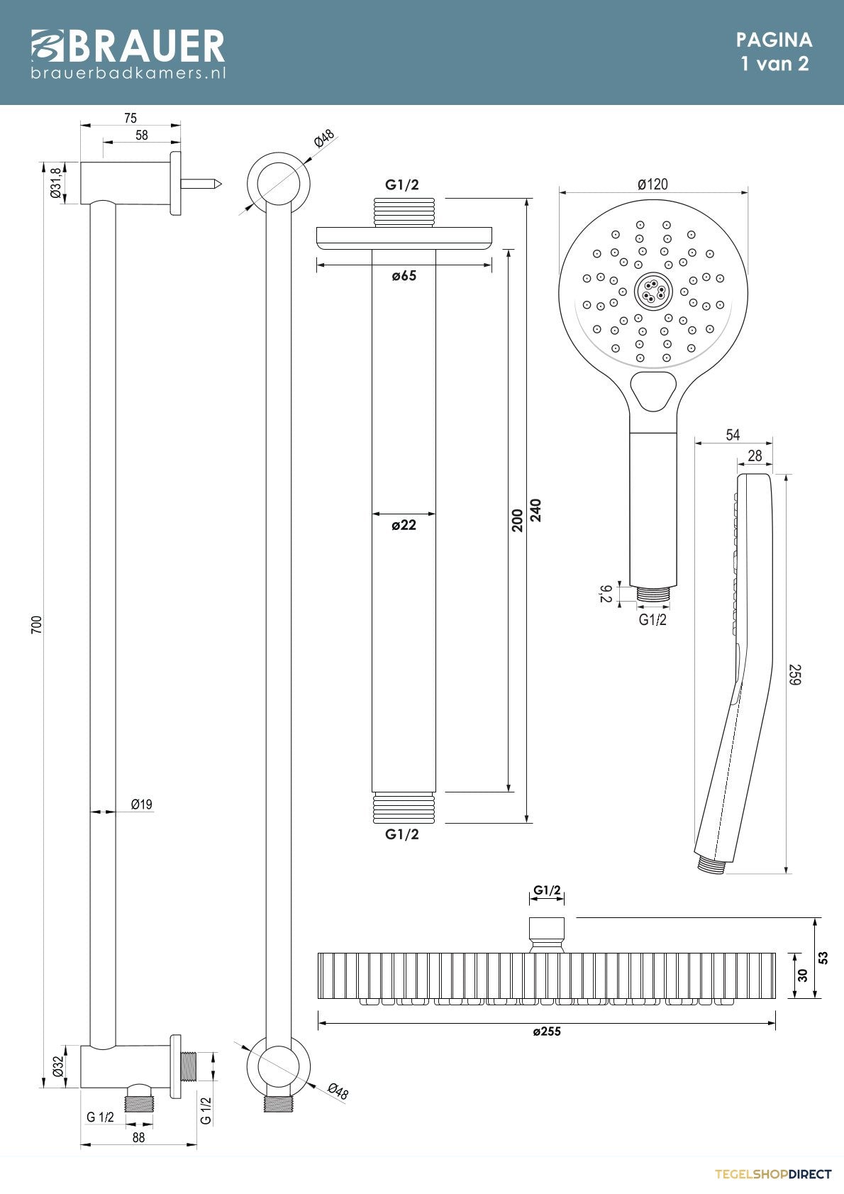 Brauer Stripe thermostatische inbouw regendouche SET 12 met 25 cm douchekop en plafondarm en 3-standen handdouche en doucheslang en geintegreerde glijstang RVS-kleurig geborsteld PVD – afbeelding 9