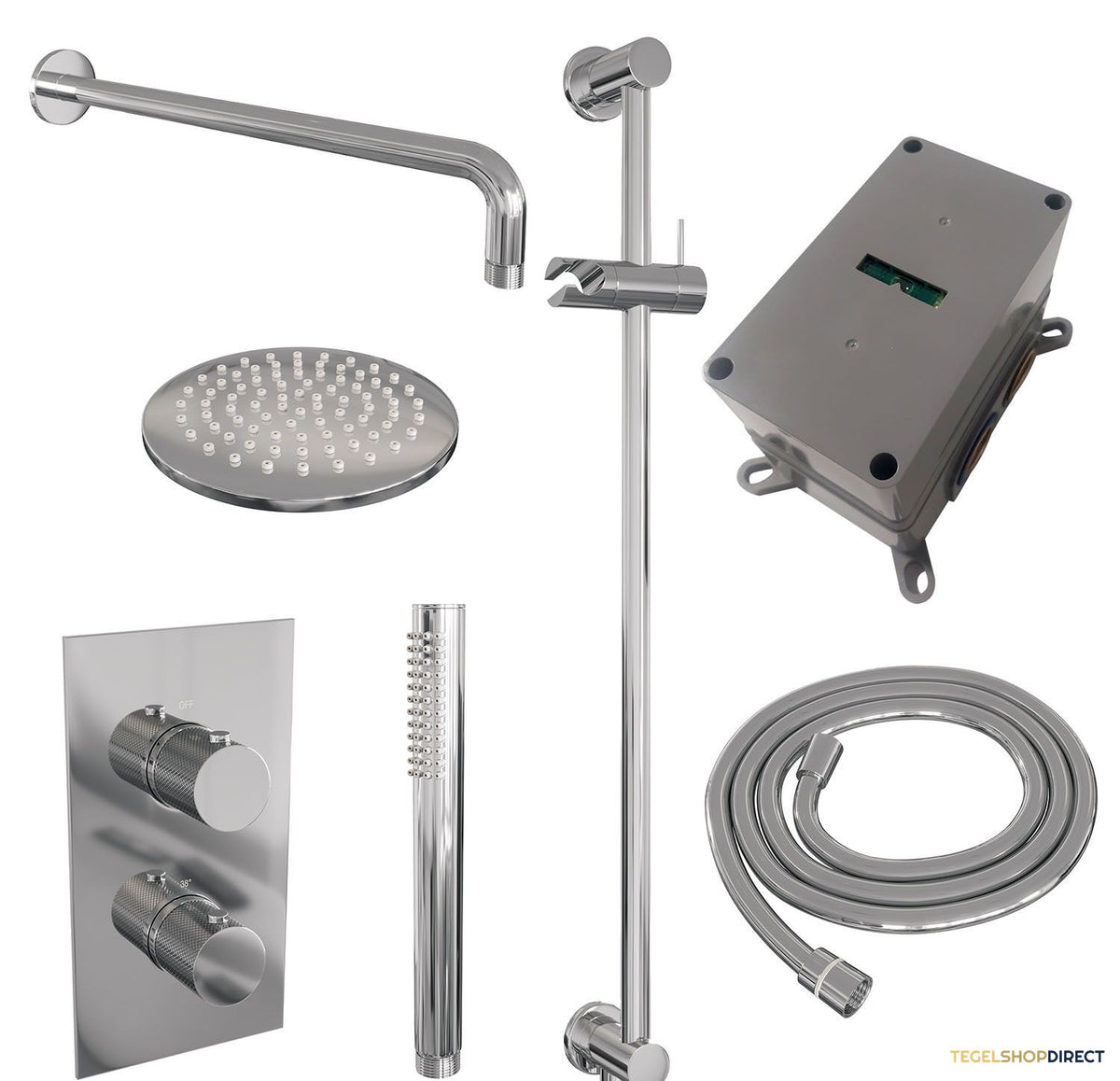 Regendoucheset Inbouw Brauer Chrome Carving Thermostatisch 20cm 3-Weg Omstelling Gebogen Wandarm Glijstang en Staaf Handdouche Chroom – afbeelding 4