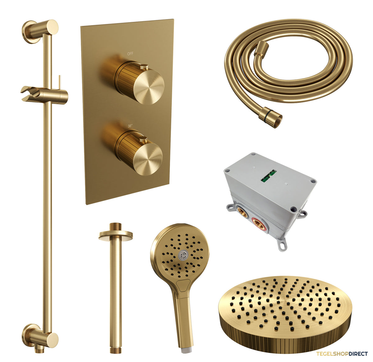 Brauer Stripe thermostatische inbouw regendouche 3-weg rechthoekig SET 24 met 25 cm douchekop en plafondarm en 3-standen handdouche en doucheslang en geintegreerde glijstang goud geborsteld PVD – afbeelding 3