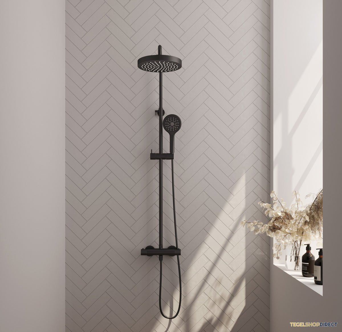 Brauer Stripe opbouw thermostatische regendouche SET 02 met 25 cm hoofddouche en 3-standen handdouche en doucheslang mat zwart
