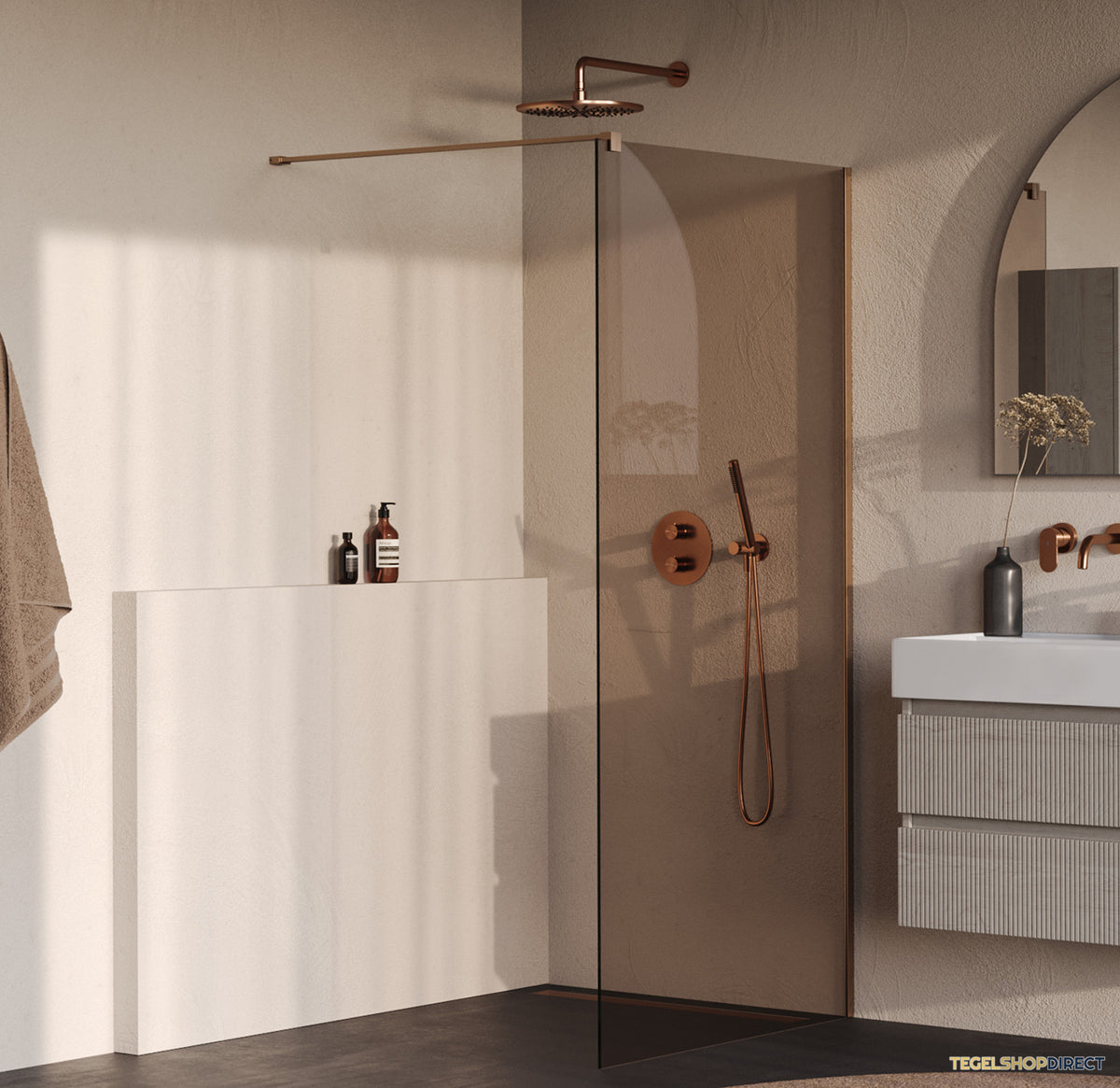 BRAUER Oblivion inloopdouche brons glas 90x200 incl. glascoating PVD koper geborsteld