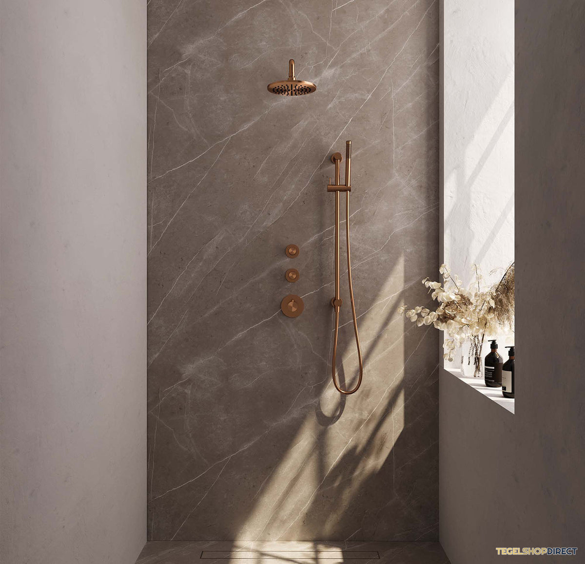 Regendoucheset Inbouw Brauer Copper Carving Thermostatisch 20cm met Gebogen Wandarm, Glijstang en Handdouche Staaf Losse Stopkranen Geborsteld Koper – afbeelding 2