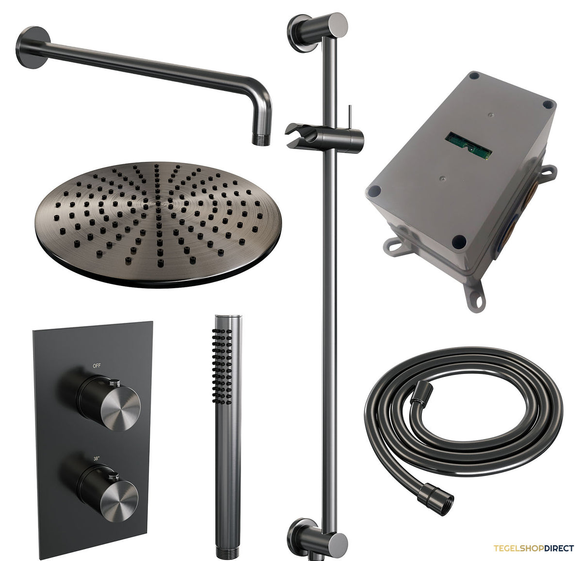 Regendoucheset Inbouw Brauer Gunmetal Edition Thermostatisch 30cm met 3-Weg Omstelling, Gebogen Wandarm, Glijstang en Staaf Handdouche Geborsteld Gunmetal – afbeelding 3