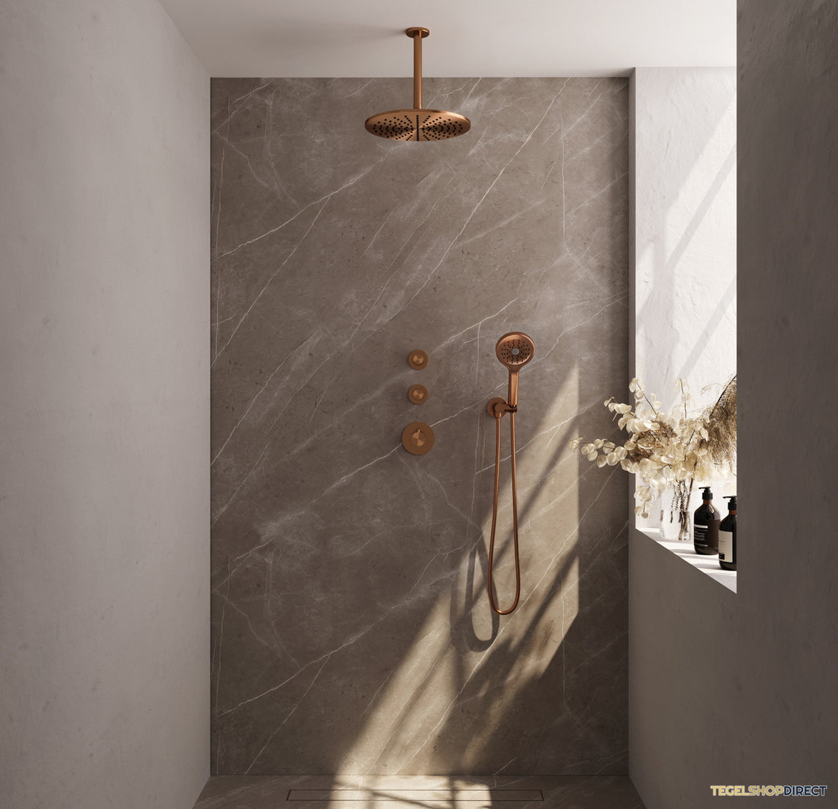 Regendoucheset Inbouw Brauer Copper Carving Thermostatisch 30cm met Plafondarm en Handdouche 3-Standen Losse Stopkranen Geborsteld Koper