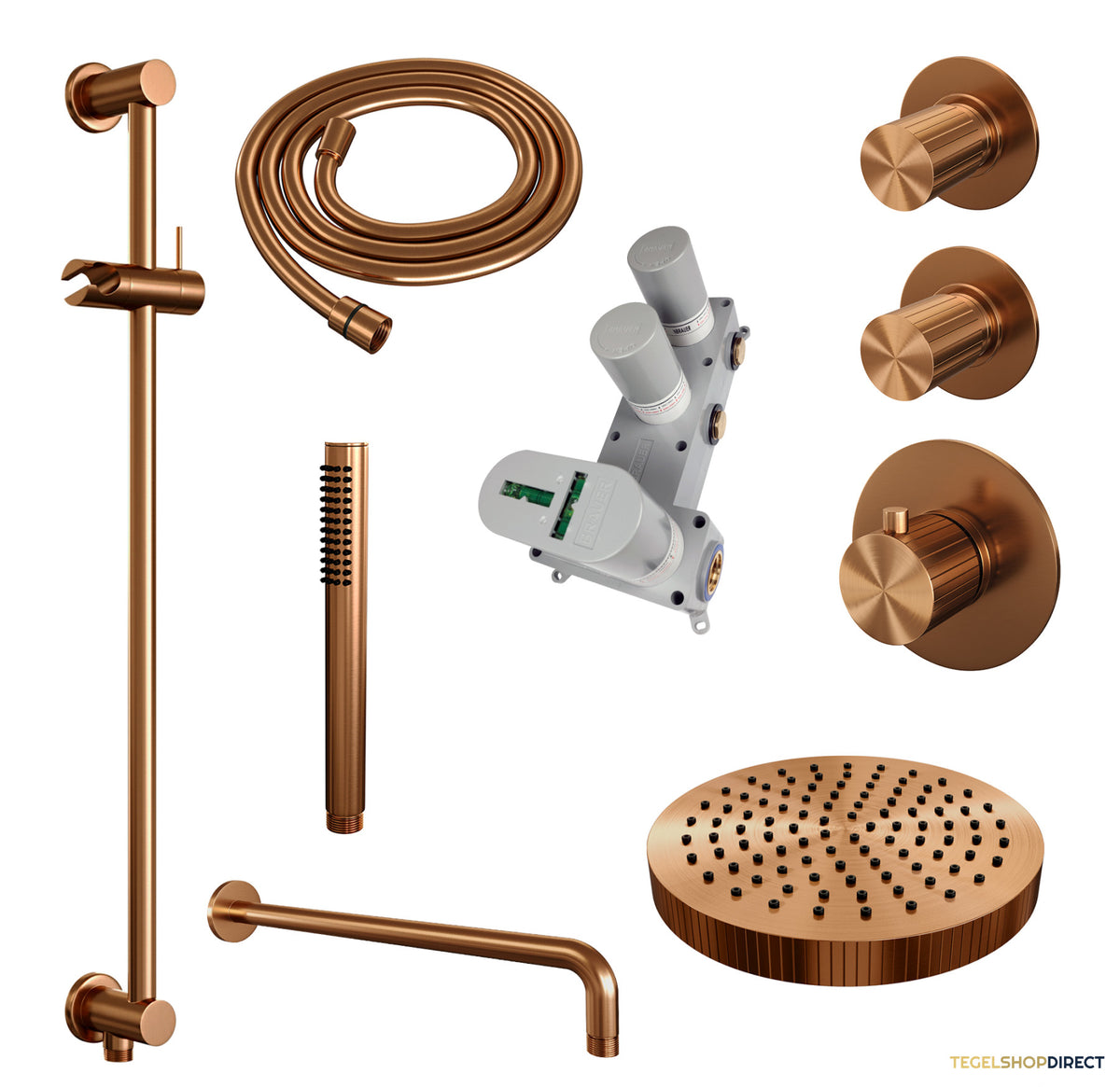 Brauer Stripe thermostatische inbouw regendouche SET 08 met 25 cm douchekop en gebogen muurarm en staaf handdouche en doucheslang en geintegreerde glijstang koper geborsteld PVD – afbeelding 3