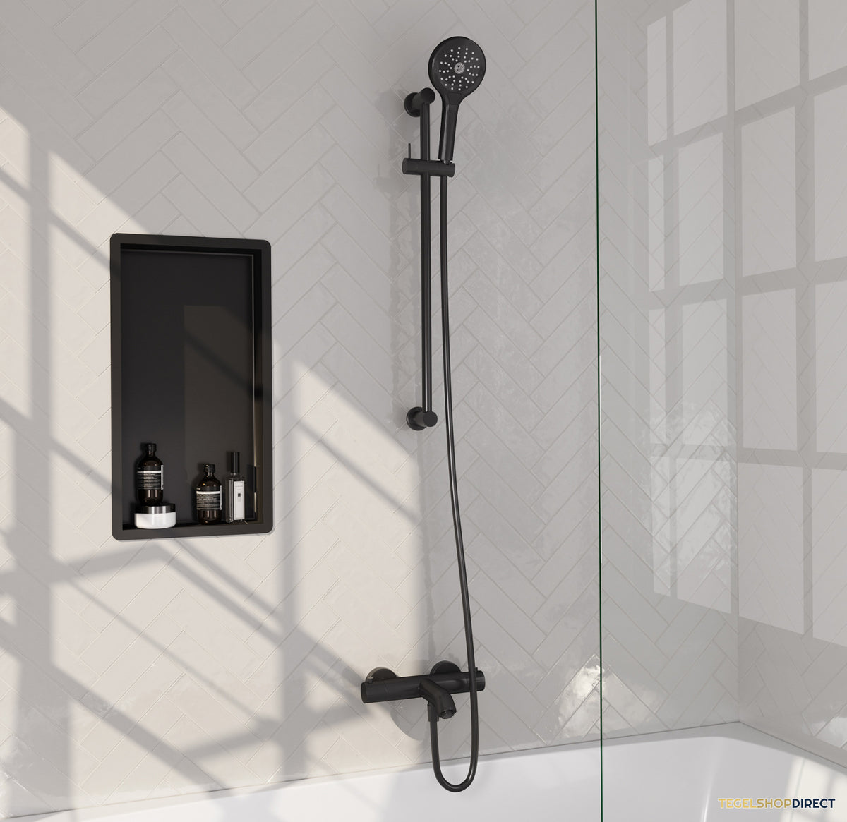 Brauer Stripe opbouw baddouche thermostaatkraan SET 02 met glijstang en 3-standen handdouche en doucheslang mat zwart