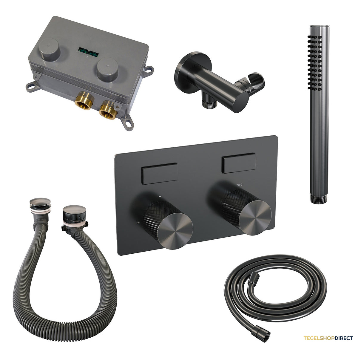 Inbouwthermostaat set Brauer Carving Met Drukknoppen Incl Baduitloop en Afvoer Gunmetal (Keuze Handdouche) – afbeelding 5