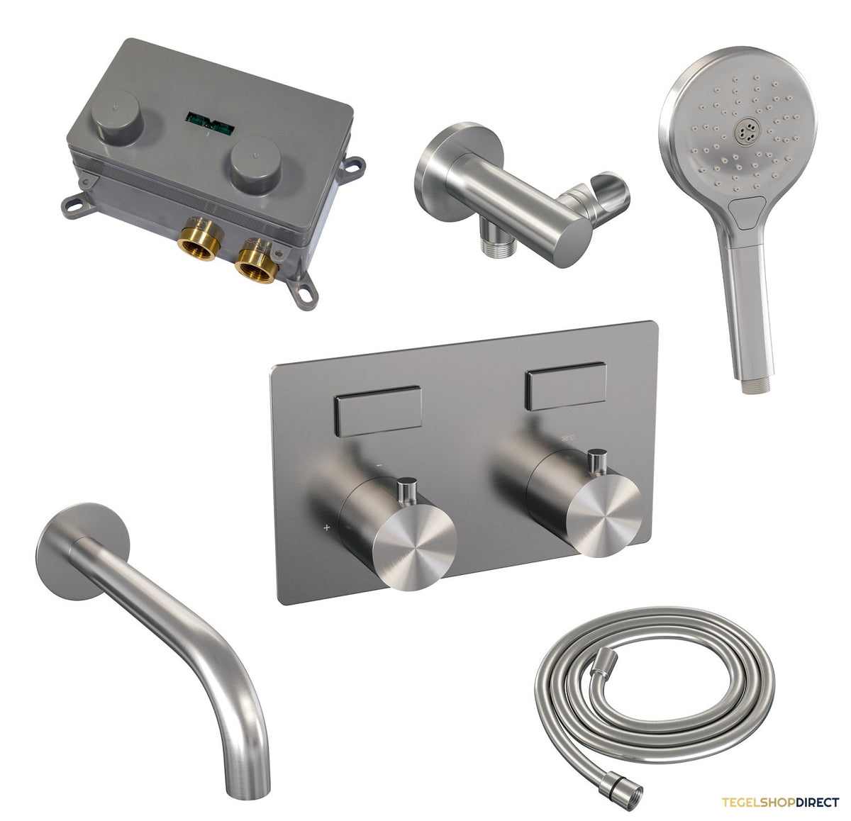 BRAUER Brushed Edition thermostatische inbouw badkraan met drukknoppen SET 04 met uitloop en 3-standen handdouche en doucheslang en wandaansluitbocht RVS geborsteld PVD – afbeelding 6