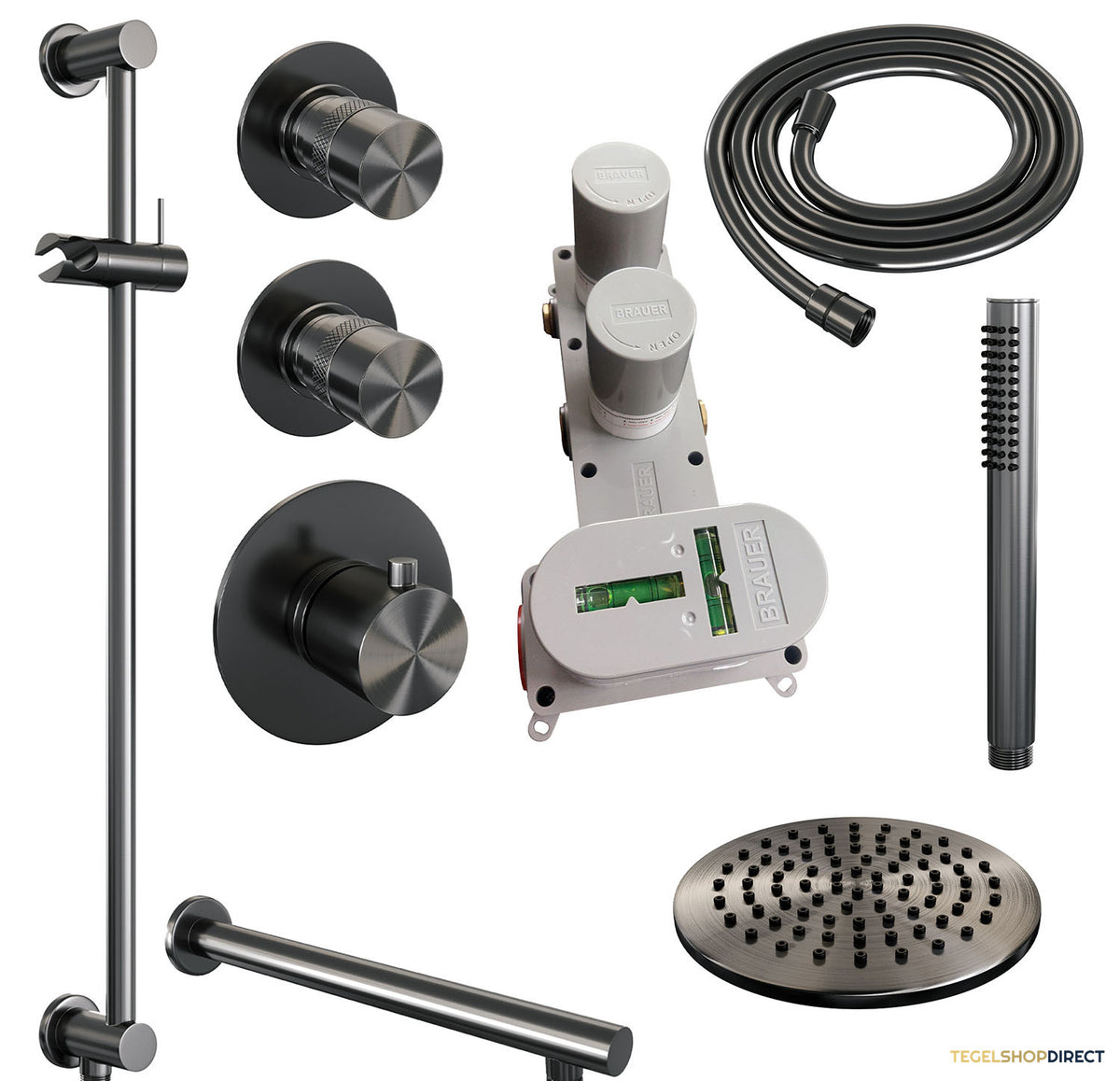Regendoucheset Inbouw Brauer Gunmetal Edition Thermostatisch 20cm met Wandarm, Glijstang en Handdouche Staaf Losse Stopkranen Geborsteld Gunmetal – afbeelding 3