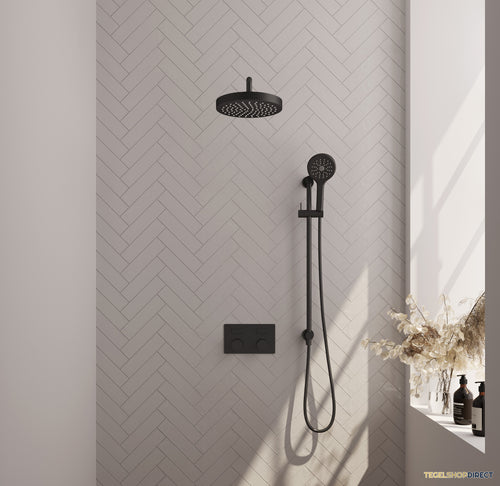 Brauer Stripe thermostatische inbouw regendouche met drukknoppen SET 35 met 25 cm douchekop en gebogen muurarm en 3-standen handdouche en doucheslang en geintegreerde glijstang mat zwart