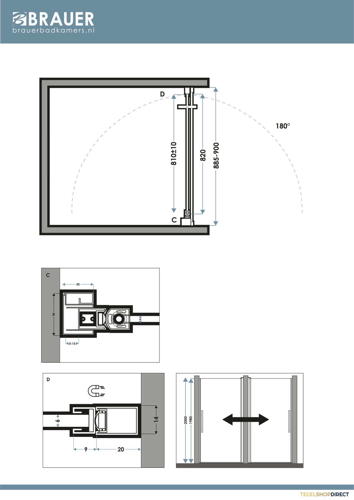 BRAUER Cosmic Nisdeur Draaiend 90x200 Omkeerbaar Helder Glas Incl. Glascoating PVD Gunmetal Geborsteld – afbeelding 5