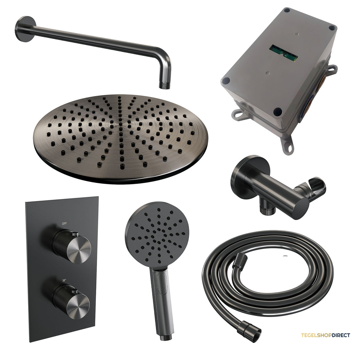 Regendoucheset Inbouw Brauer Gunmetal Carving Thermostatisch 30cm met 3-Weg Omstelling, Gebogen Wandarm en 3-Standen Handdouche Geborsteld Gunmetal – afbeelding 4