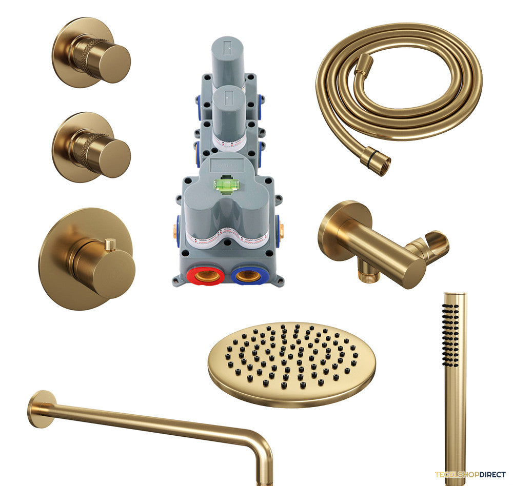 Regendoucheset Inbouw Brauer Gold Edition Thermostatisch 20cm met Gebogen Wandarm en Handdouche Staaf Losse Stopkranen Geborsteld Goud – afbeelding 2