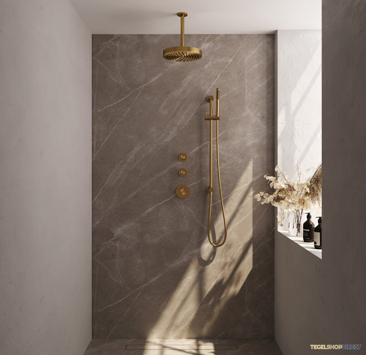 Brauer Stripe thermostatische inbouw regendouche SET 09 met 25 cm douchekop en plafondarm en staaf handdouche en doucheslang en geintegreerde glijstang goud geborsteld PVD – afbeelding 2
