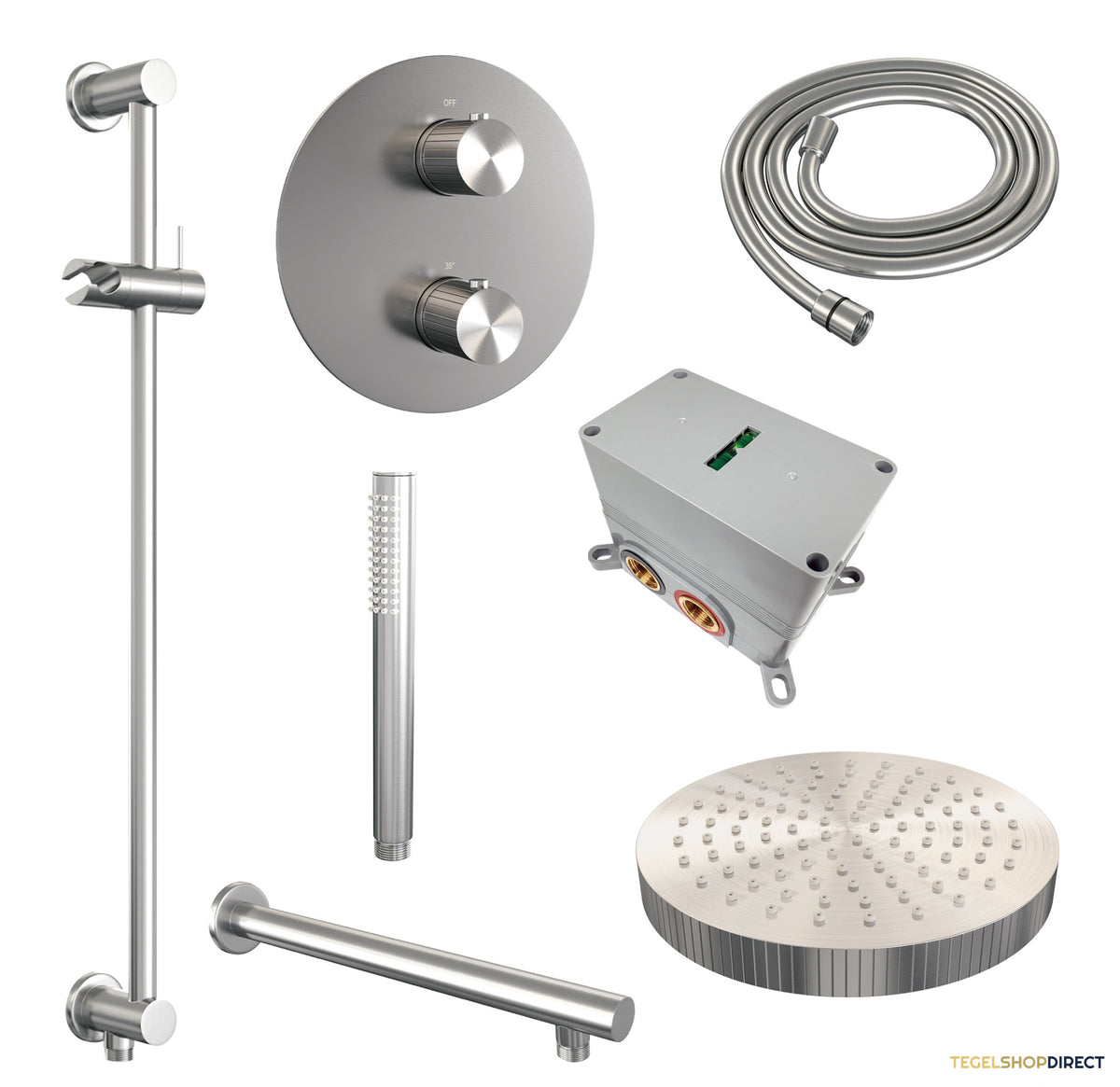 Brauer Stripe thermostatische inbouw regendouche 3-weg rond SET 43 met 25 cm douchekop en rechte muurarm en staaf handdouche en doucheslang en geintegreerde glijstang RVS-kleurig geborsteld PVD – afbeelding 3