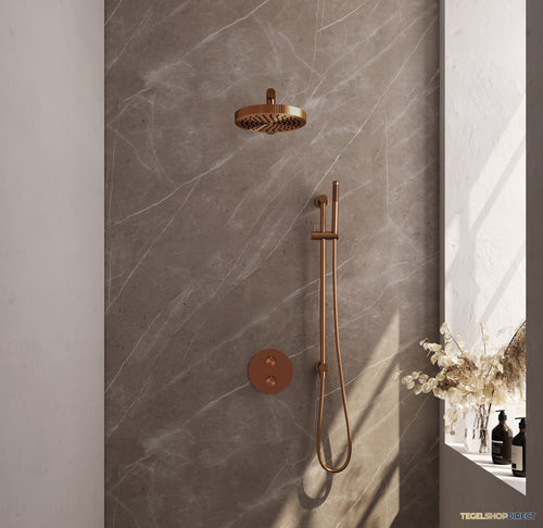 Brauer Stripe thermostatische inbouw regendouche 3-weg rond SET 43 met 25 cm douchekop en rechte muurarm en staaf handdouche en doucheslang en geintegreerde glijstang koper geborsteld PVD