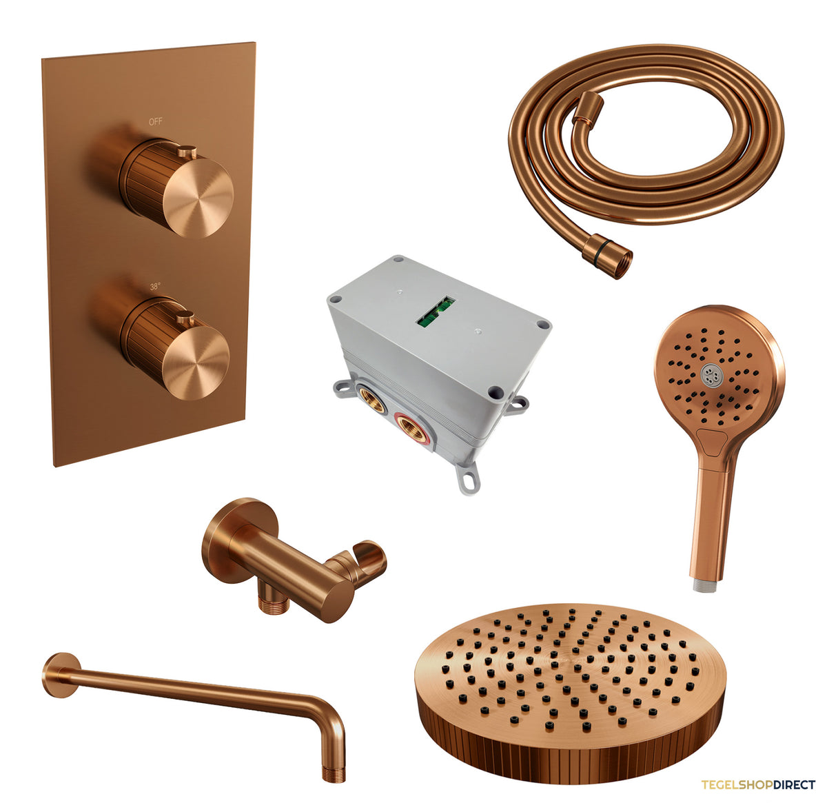 Brauer Stripe thermostatische inbouw regendouche 3-weg rechthoekig SET 17 met 25 cm douchekop en gebogen muurarm en 3-standen handdouche en doucheslang en wandaansluitbocht koper geborsteld PVD – afbeelding 3