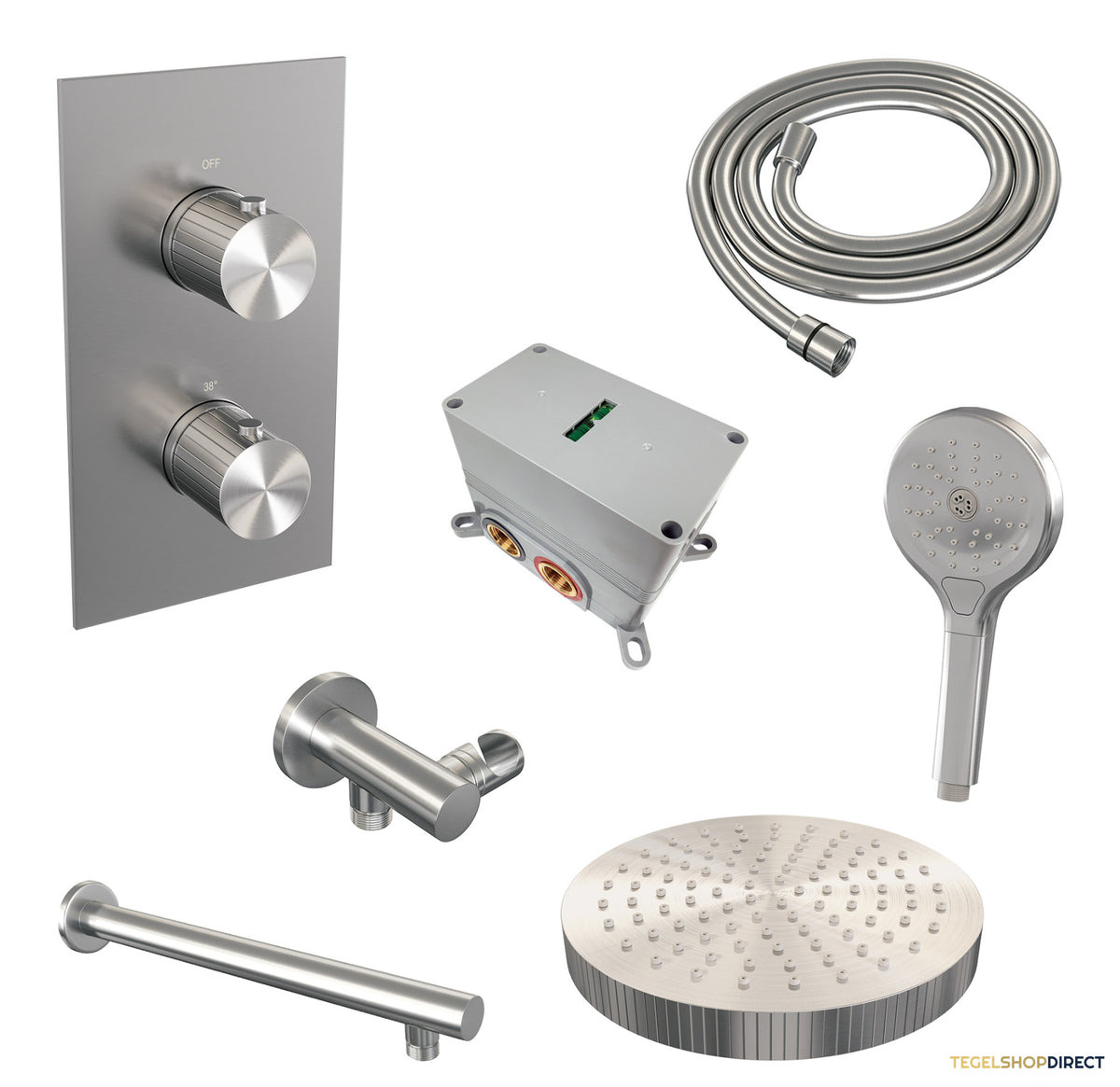 Brauer Stripe thermostatische inbouw regendouche 3-weg rechthoekig SET 16 met 25 cm douchekop en rechte muurarm en 3-standen handdouche en doucheslang en wandaansluitbocht RVS-kleurig geborsteld PVD – afbeelding 3