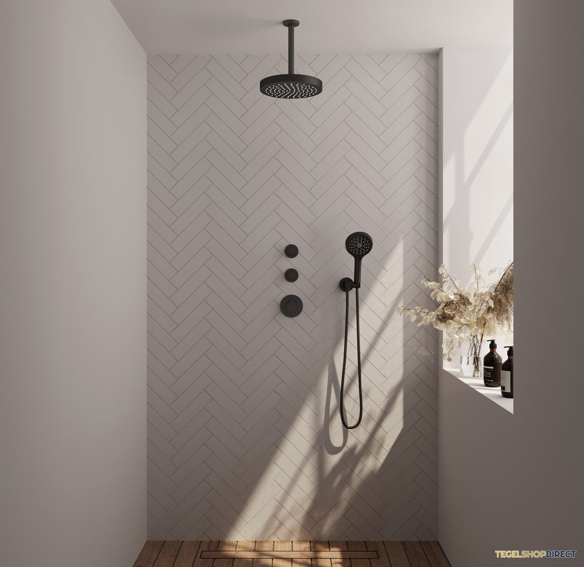Brauer Stripe thermostatische inbouw regendouche SET 03 met 25 cm douchekop en plafondarm en staaf handdouche en doucheslang en wandaansluitbocht mat zwart – afbeelding 2
