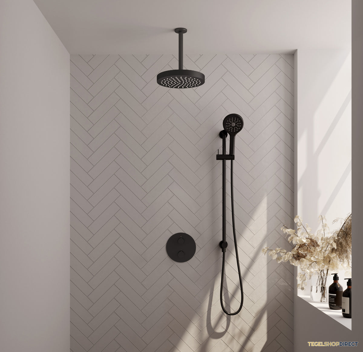 Brauer Stripe thermostatische inbouw regendouche 3-weg rond SET 48 met 25 cm douchekop en plafondarm en 3-standen handdouche en doucheslang en geintegreerde glijstang mat zwart