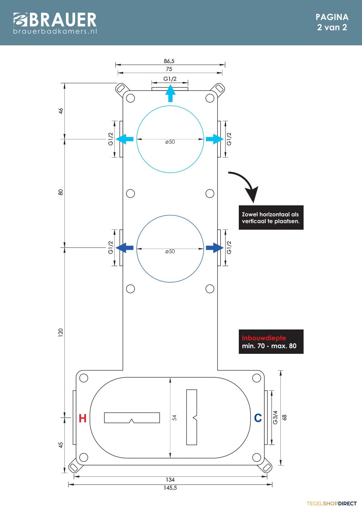 Brauer Stripe inbouwthermostaat en 2 stopkranen met in- en afbouwdelen mat zwart – afbeelding 5