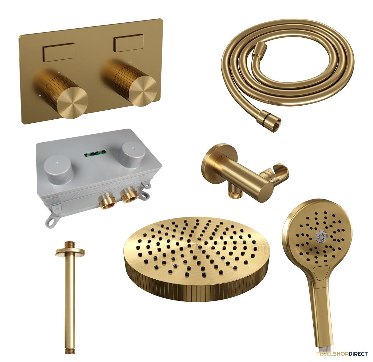Brauer Stripe thermostatische inbouw regendouche met drukknoppen SET 30 met 25 cm douchekop en plafondarm en 3-standen handdouche en doucheslang en wandaansluitbocht goud geborsteld PVD – afbeelding 3