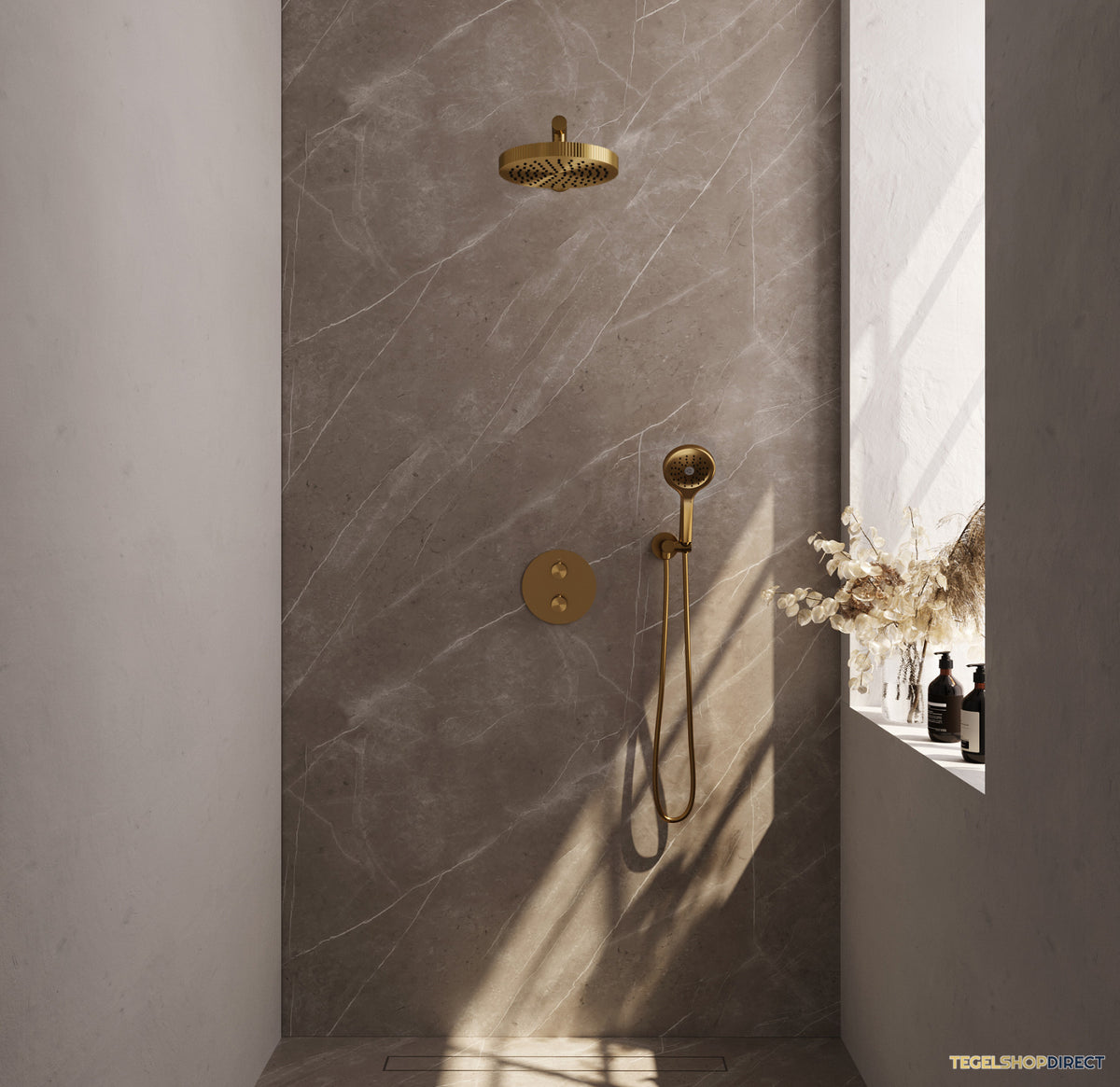 Brauer Stripe thermostatische inbouw regendouche 3-weg rond SET 40 met 25 cm douchekop en rechte muurarm en 3-standen handdouche en doucheslang en wandaansluitbocht goud geborsteld PVD – afbeelding 2