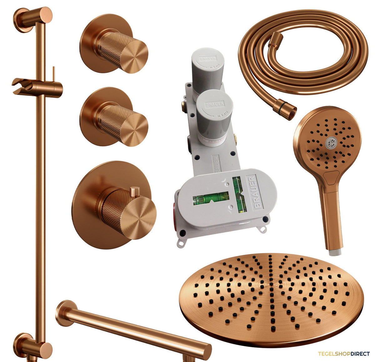 Regendoucheset Inbouw Brauer Copper Carving Thermostatisch 30cm met Wandarm, Glijstang en Handdouche 3-Standen Losse Stopkranen Geborsteld Koper – afbeelding 10