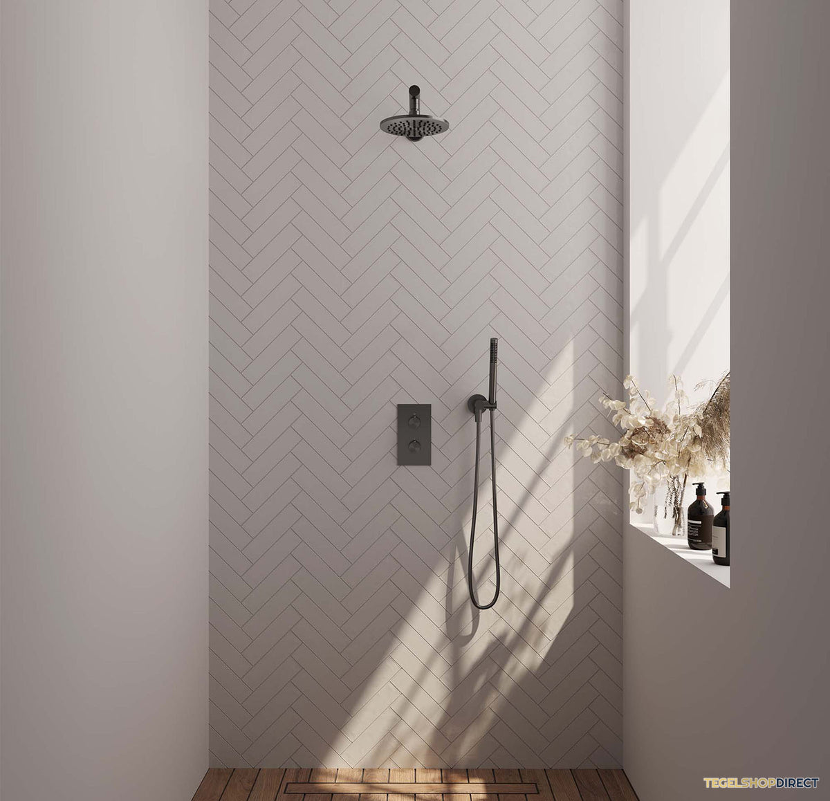 Regendoucheset Inbouw Brauer Gunmetal Carving Thermostatisch 20cm met 3-Weg Omstelling, Wandarm en Staaf Handdouche Geborsteld Gunmetal – afbeelding 2
