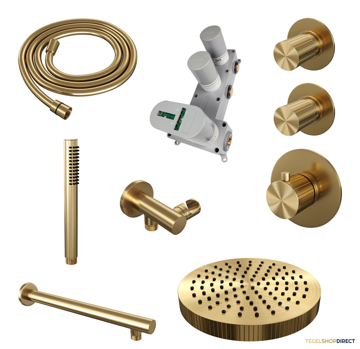 Brauer Stripe thermostatische inbouw regendouche SET 01 met 25 cm douchekop en rechte muurarm en staaf handdouche en doucheslang en wandaansluitbocht goud geborsteld PVD – afbeelding 3