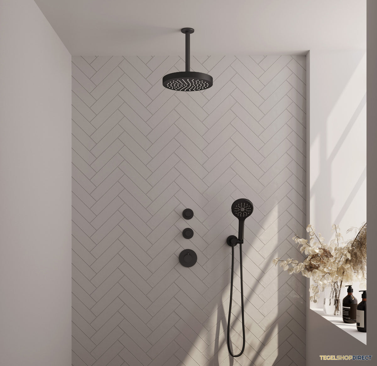 Brauer Stripe thermostatische inbouw regendouche SET 03 met 25 cm douchekop en plafondarm en staaf handdouche en doucheslang en wandaansluitbocht mat zwart