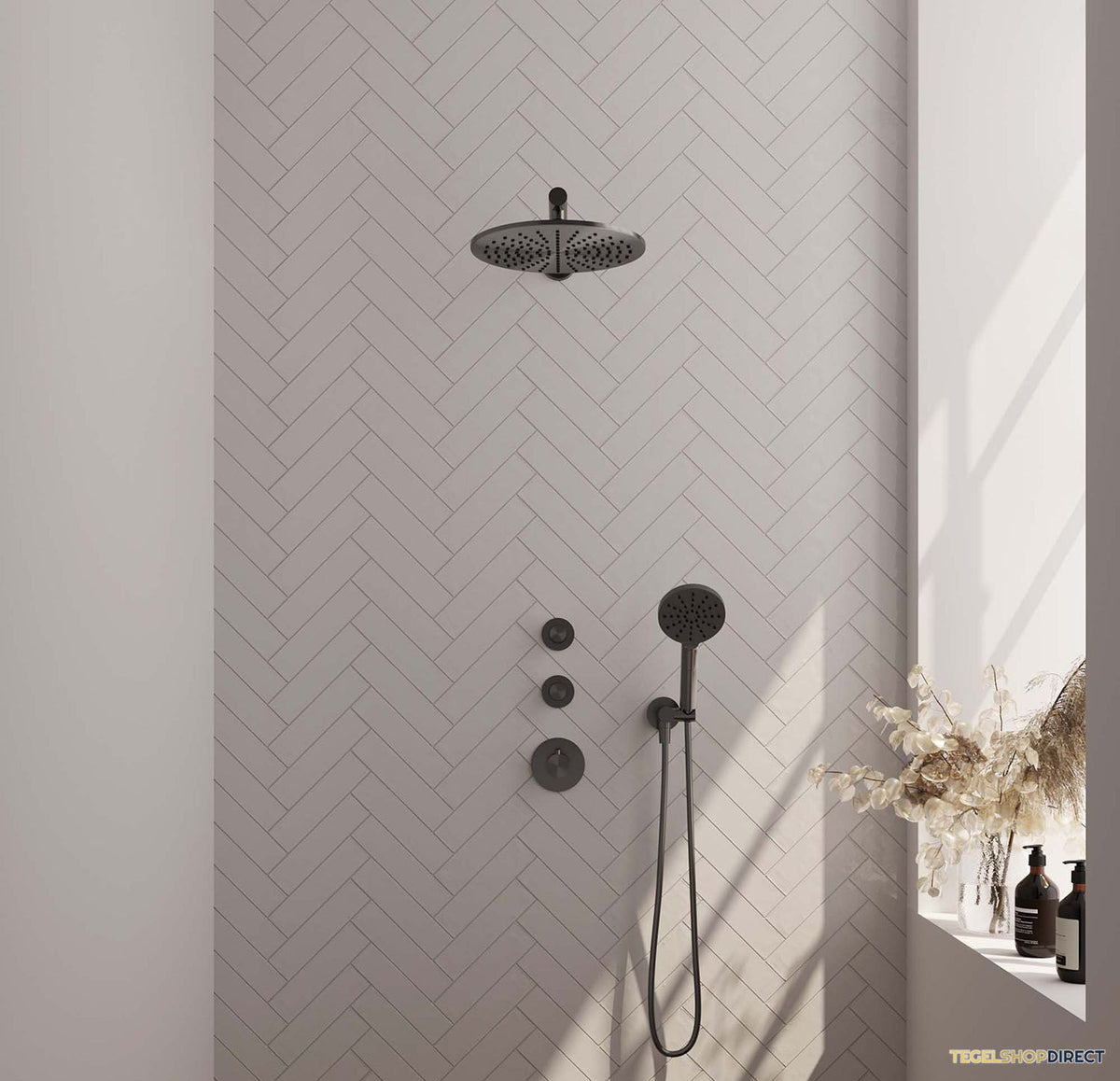 Regendoucheset Inbouw Brauer Gunmetal Edition Thermostatisch 30cm met Wandarm en Handdouche 3-Standen Losse Stopkranen Geborsteld Gunmetal